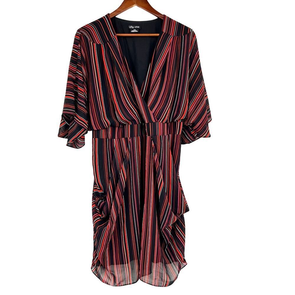 City Chic Amber Faux Wrap Dress Striped Batwing striped plus size small / 16 - Picture 2 of 9